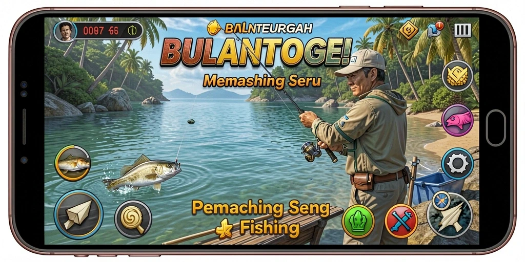 Screenshot gameplay BULANTOGEL dengan aksi memancing yang seru.