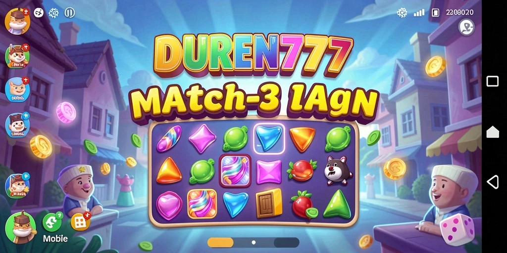 Screenshot permainan DUREN777 yang menunjukkan aksi Match-3 yang seru.