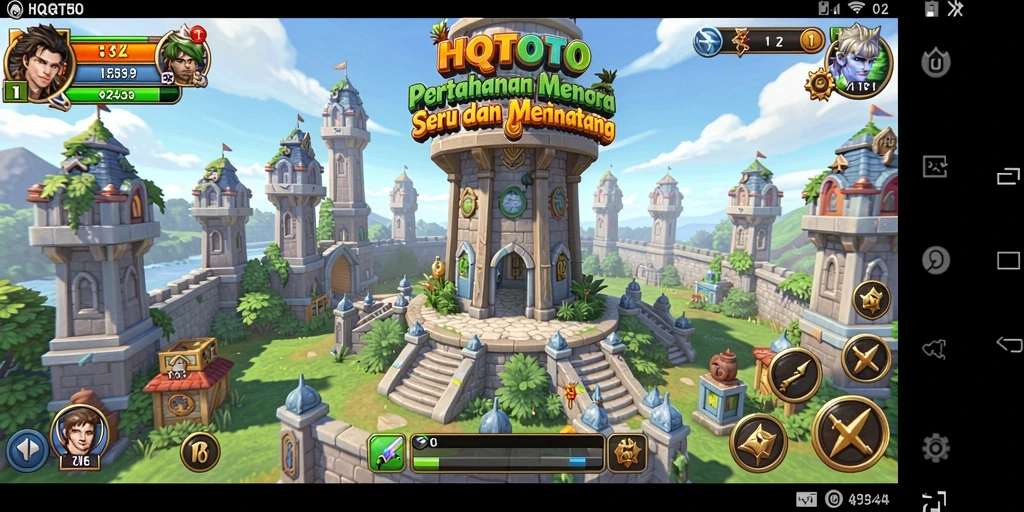 Tangkapan layar gameplay Tower Defense HQTOTO menunjukkan pertarungan menegangkan melawan gelombang musuh.