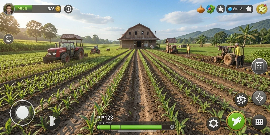 Tangkapan layar gameplay PP123 yang menunjukkan aktivitas bertani yang seru.
